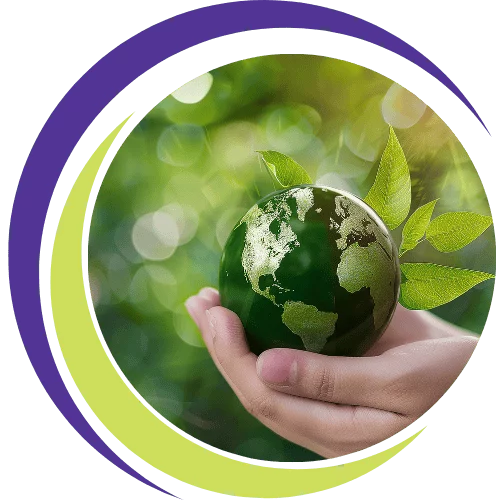 Hands holding a green globe with leaves sprouting, symbolising environmental sustainability and global responsibility.
