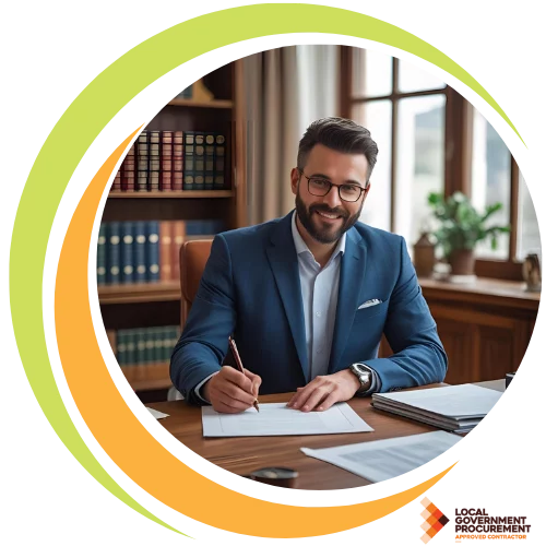 Professional services team celebrating after securing a major government contract, symbolising strategic planning, compliance, and business growth success.