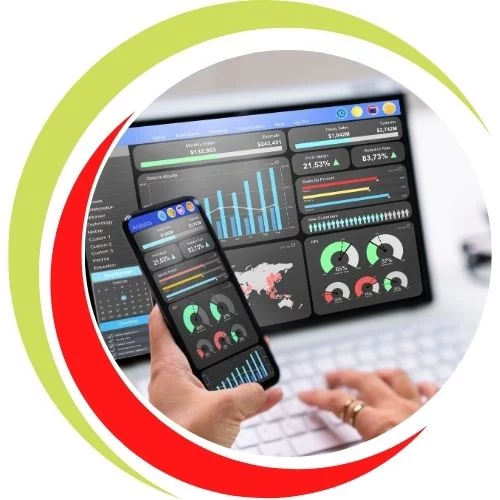 Business professional analysing key performance indicators on a digital dashboard, tracking progress and measuring success against strategic goals