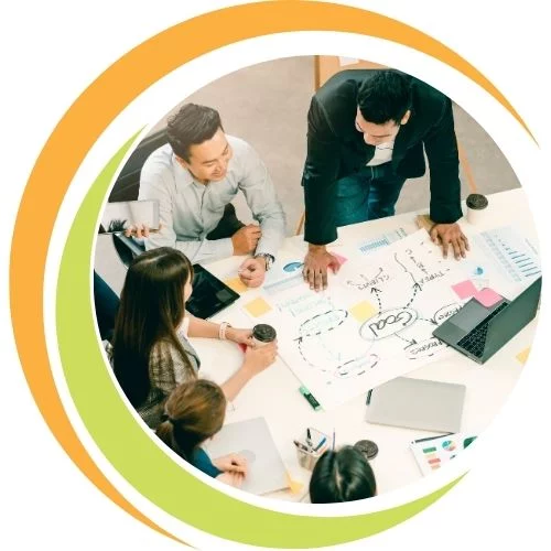 Project manager reviewing a digital roadmap with performance metrics and milestones, illustrating progress tracking and strategic planning toward business goals.