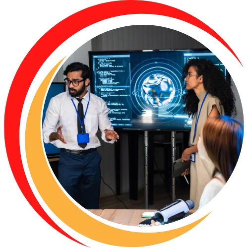 Professional team working together on a presentation using AI.