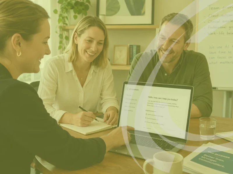 A warm, human Australian workplace scene: a small professional services or allied health team working alongside a laptop that shows an AI assistant in use, with people clearly in charge of the work.