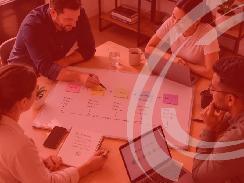 A clean overhead photo of a small Australian team mapping a workflow on a whiteboard and laptops. Sticky notes labelled “Quote”, “Schedule”, “Invoice”, “Reconcile”, “Report”. Warm daylight office. Diverse team.