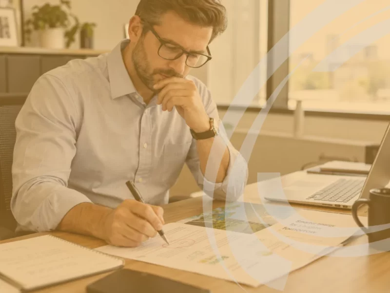 A professional, for example, an accountant or consultant, at a desk reviewing a brochure, proposal, or web page with a pen in hand, marking a claim to check it. Clean modern office, natural light, real and unstaged. Avoid courtrooms, gavels, and stock handshake photos.