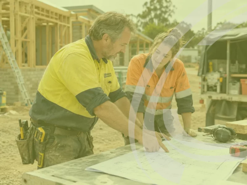 an experienced tradesperson in their 50s reviewing plans with a younger colleague on site, both engaged as equals.